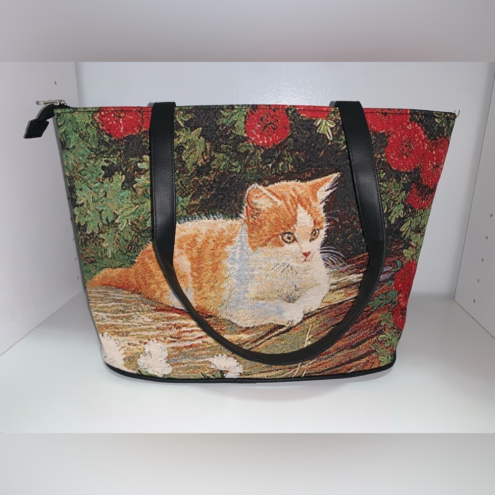 Zippered Cat Tote bag, with faux leather straps